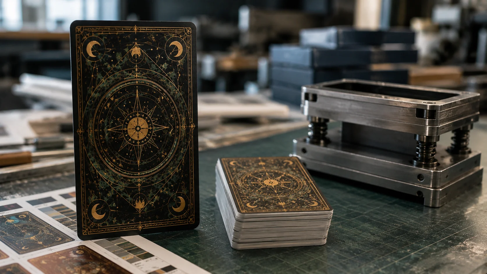 Крупная карта таро рядом с покерной колодой и вырубным штампом
