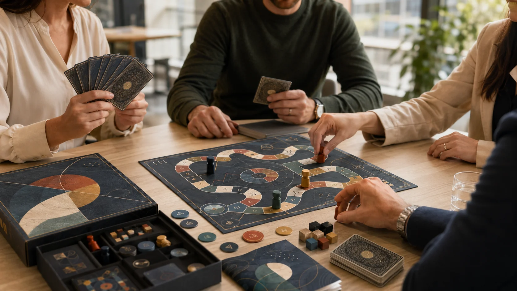 Люди играют в корпоративную настольную игру за столом в офисе