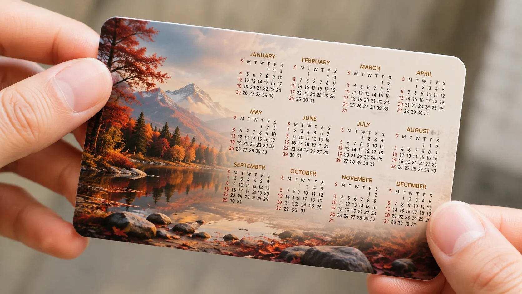 Магнит-визитка календарь мини-формата в руке крупным планом