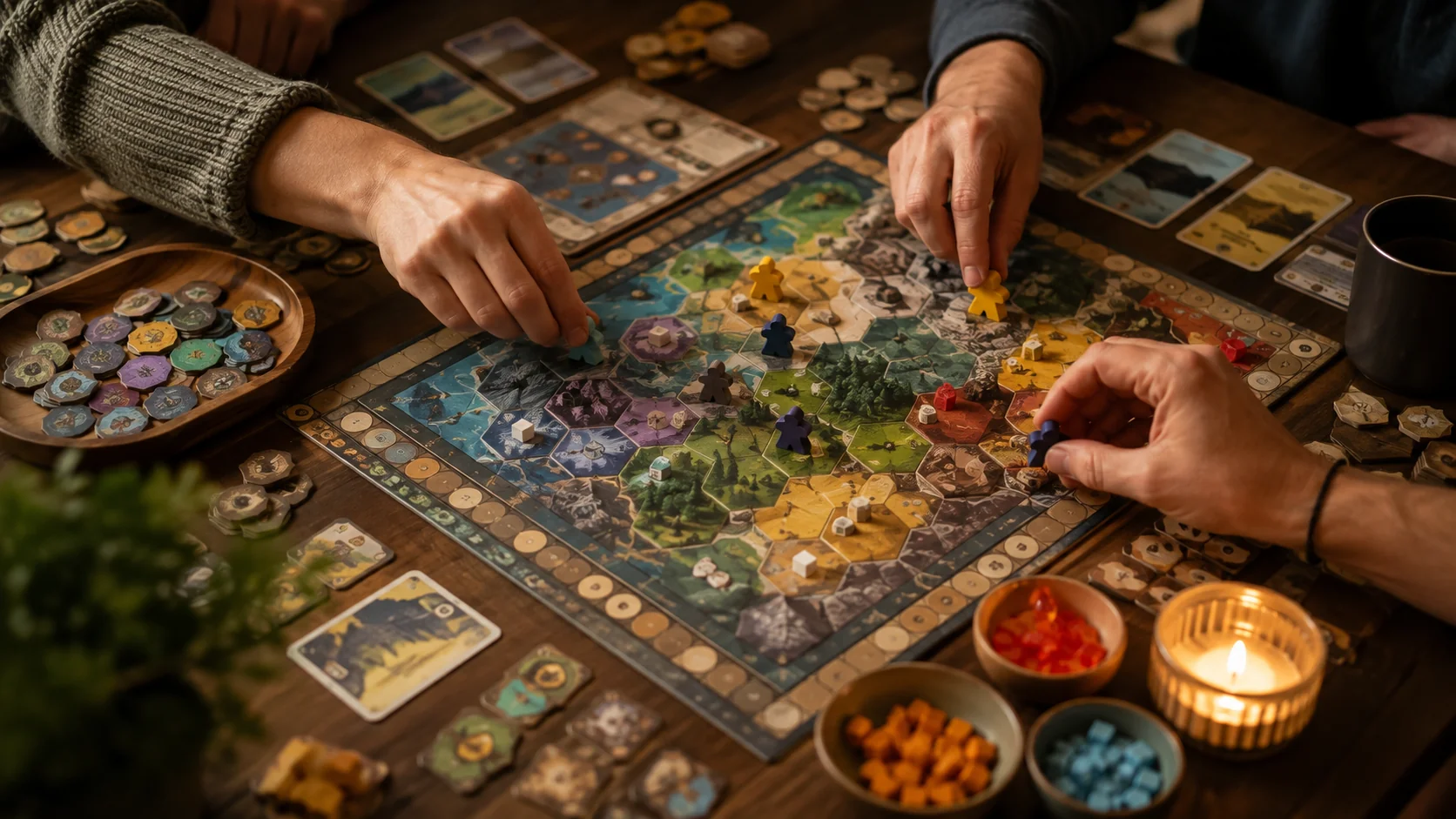 Игроки за столом расставляют деревянные фигурки на игровом поле